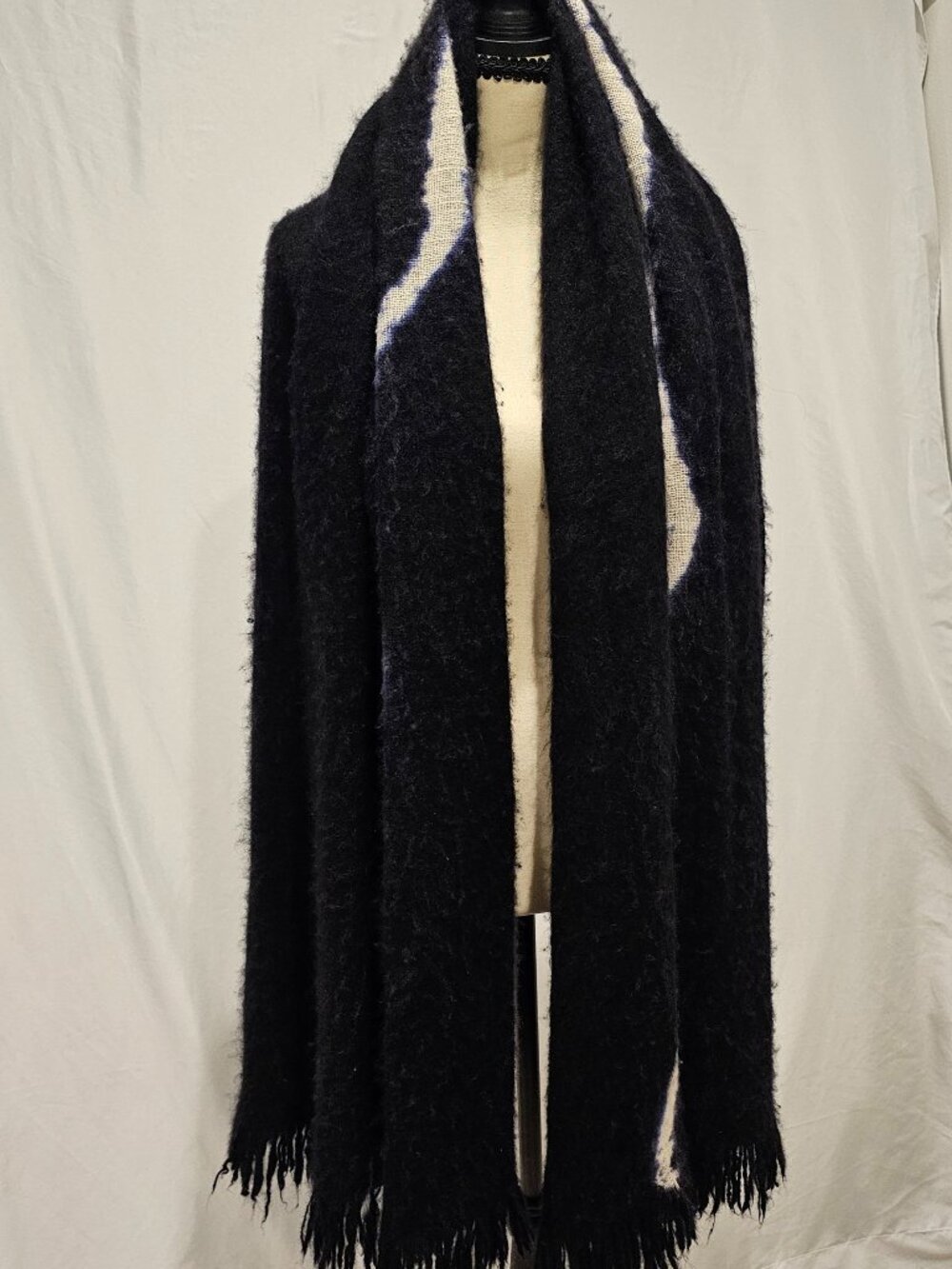 Denis Colomb Hausa Cashmere Tie Dye Scarf Black Blue Ivory Handwoven Oversized